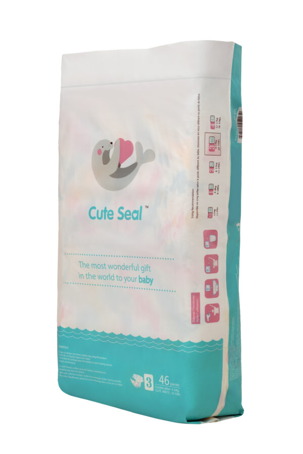 Side view of Cute Seal Large Tape Fit Baby Diaper pack – 50 pcs, suitable for babies 9–14 kg, featuring soft cotton feel, leak-proof core, and eco-friendly design.